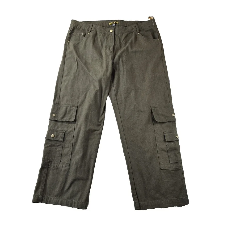 New TAXI  Women's  Cargo Pants High Rise 100% Cotton Dark Green Wide‎ Leg 2XL